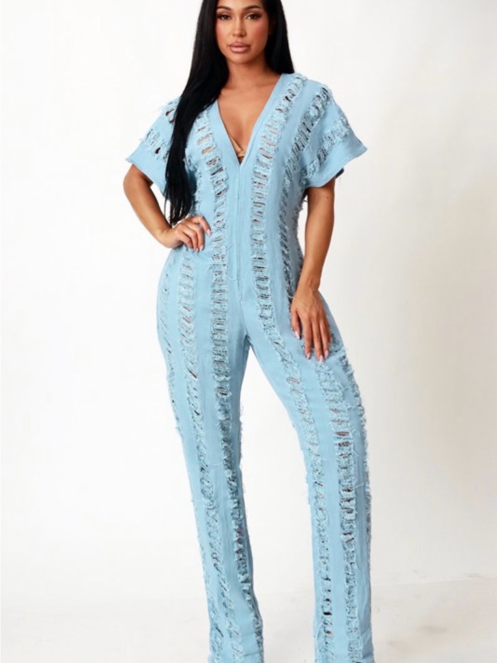 Light Blue Distressed V-Neck Jumpsuit